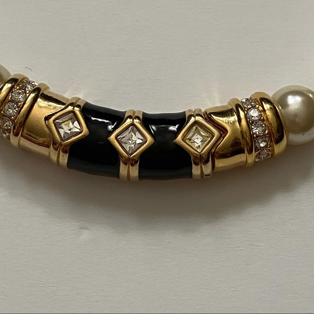 SWAROVSKI NECKLACE CHOKER PEARLS GOLD BLACK ENAMEL CRYSTALS 17” STATEMENT